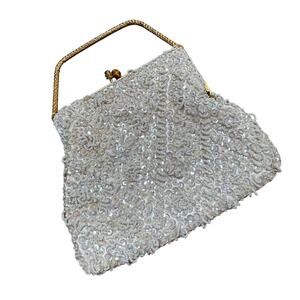 Vintage mid century purse white beads & sequins evening bag gold top handle